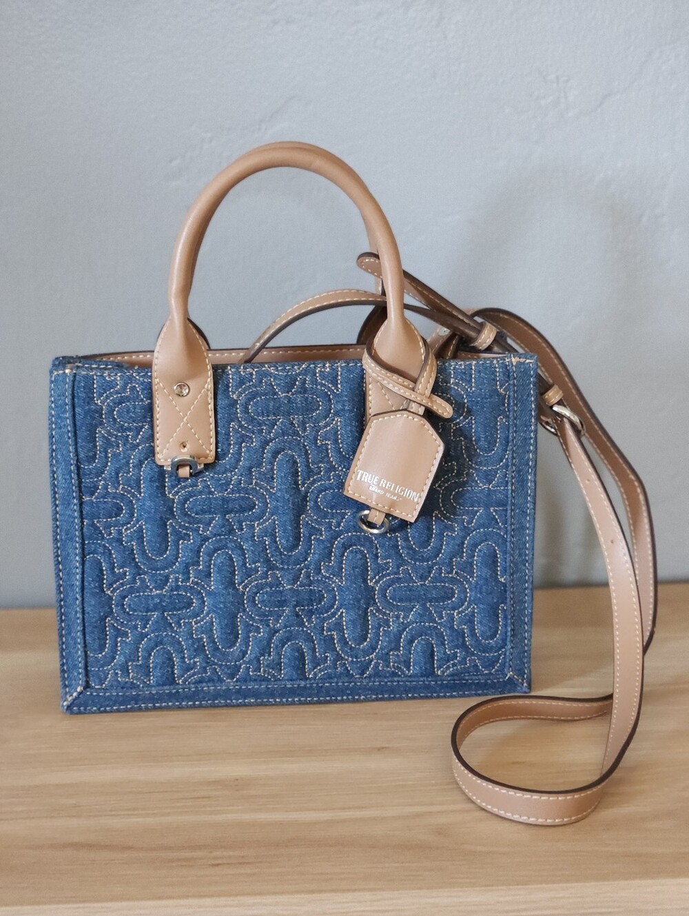 True Religion Quilted Denim Horseshoe Modern Tote Bag